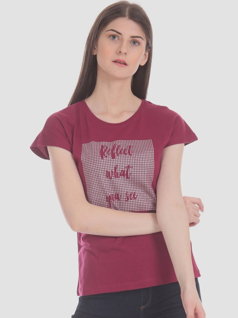 

Sugr Women Burgundy Printed Round Neck Pure Cotton T-shirt