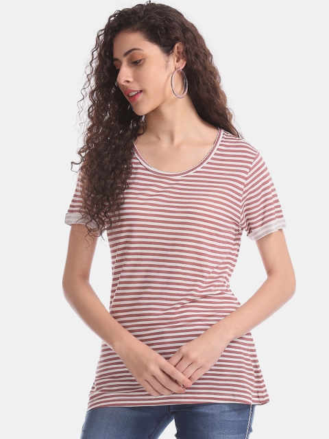 

Sugr Women White Striped Round Neck Pure Cotton T-shirt