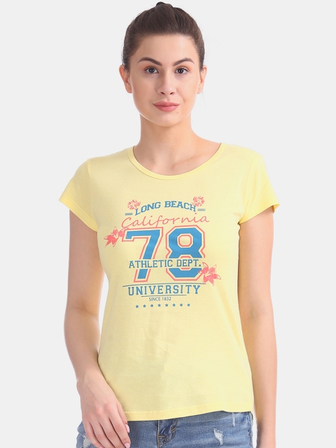 

Sugr Women Yellow Printed Round Neck T-shirt