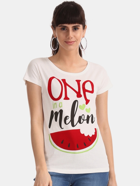 

Sugr Women Off-White Printed Round Neck T-shirt