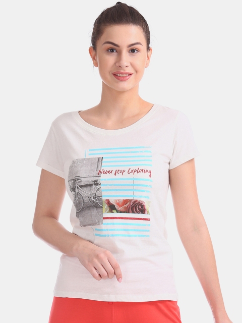 

Sugr Women White Printed Round Neck T-shirt