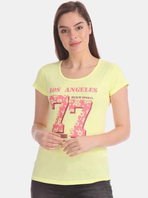 

Sugr Women Yellow Printed Round Neck T-shirt