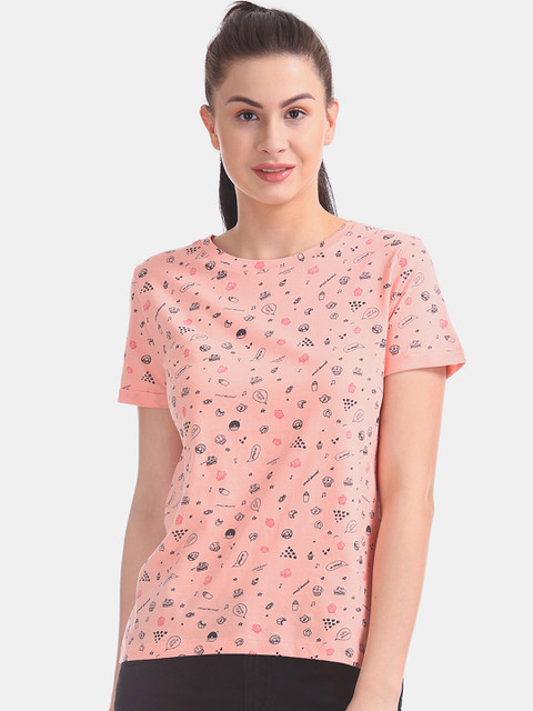 

Sugr Women Peach-Coloured Printed Round Neck T-shirt