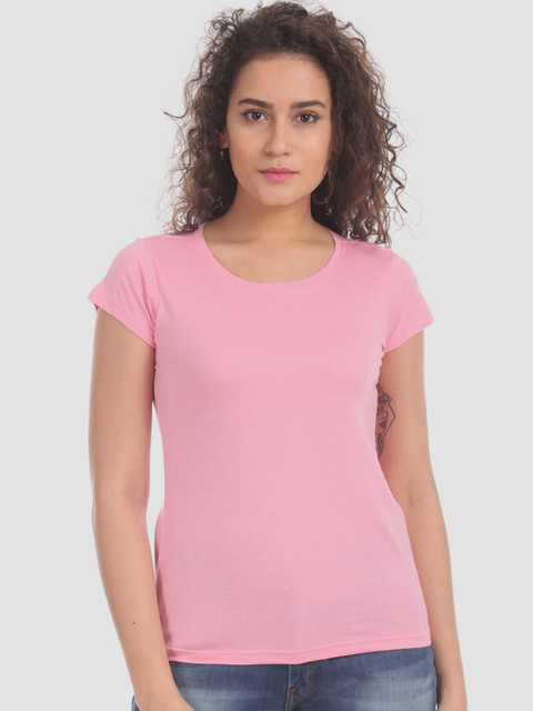 

Sugr Women Pink Solid Round Neck T-shirt