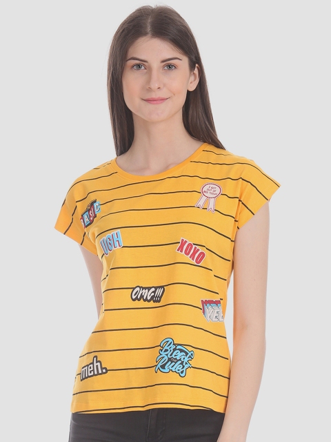 

Sugr Women Yellow Striped Round Neck T-shirt