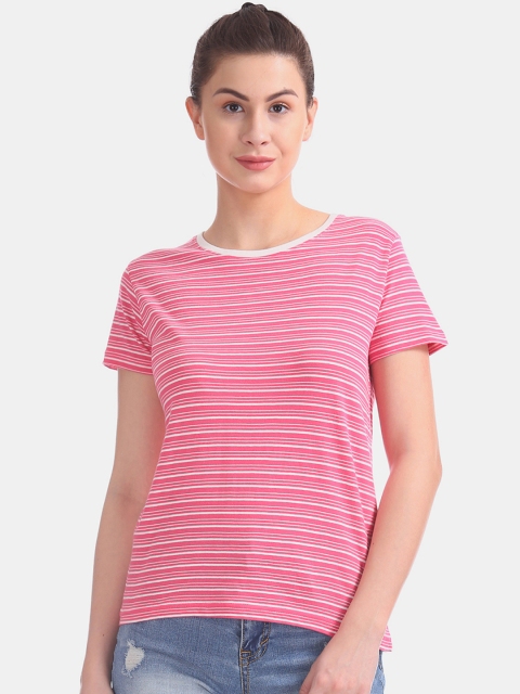 

Sugr Women Pink White Striped Round Neck Pure Cotton T-shirt