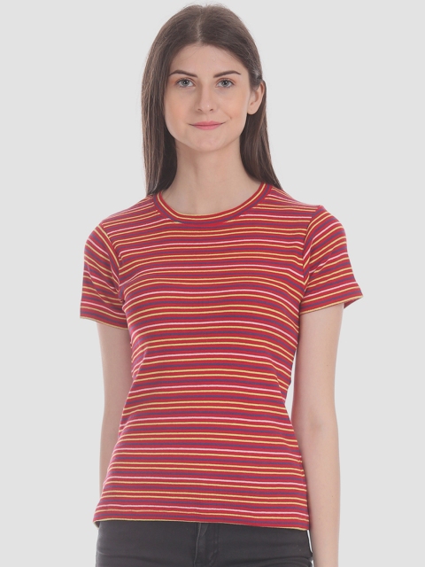 

Sugr Women Red & Yellow Striped Round Neck T-shirt