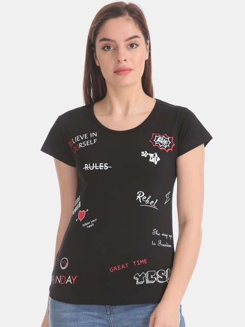 

Sugr Women Black Printed Round Neck T-shirt