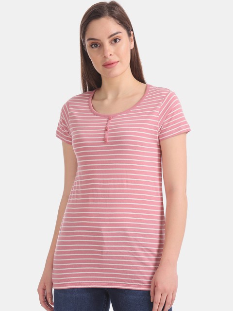 

Sugr Women Pink & White Striped Round Neck T-shirt