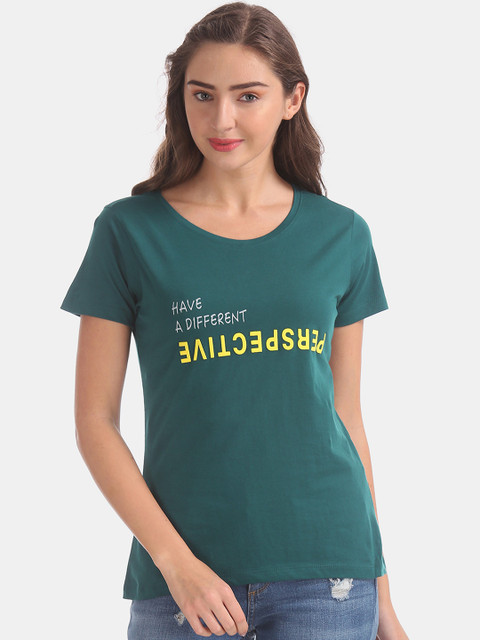 

Sugr Women Green Printed Round Neck T-shirt