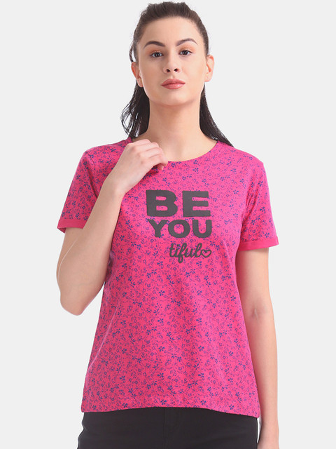 

Sugr Women Pink Printed Round Neck T-shirt