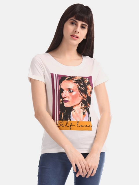 

Sugr Women Off-White Printed Round Neck T-shirt