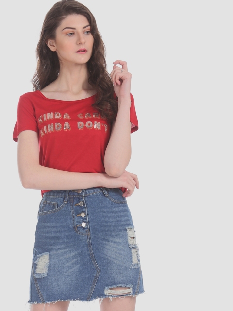 

Sugr Women Red Sequin Embellished Round Neck T-shirt
