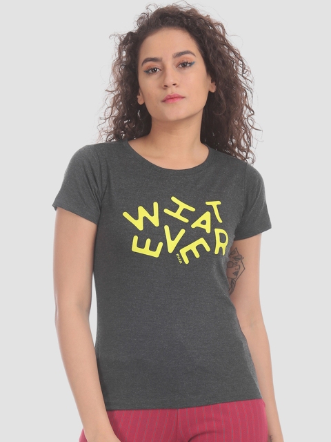 

Sugr Women Charcoal-Grey Printed Round Neck T-shirt