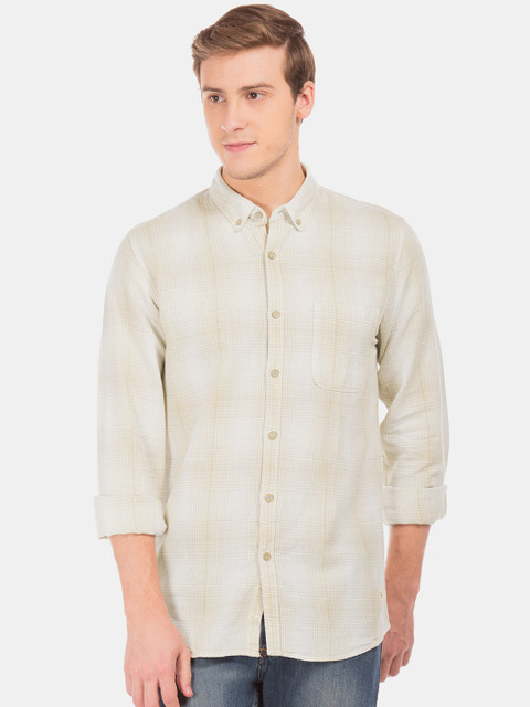 

Cherokee Men Beige & White Regular Fit Cotton linen Checked Casual Shirt