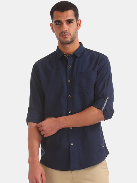 

Cherokee Men Navy Blue Regular Fit Solid Cotton Linen Casual Shirt