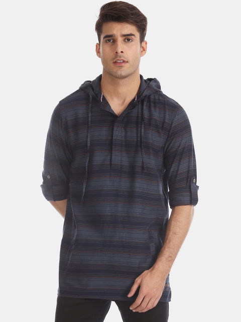 

Cherokee Men Grey & Navy Blue Regular Fit Striped Casual Hooded Pop Over Shirt
