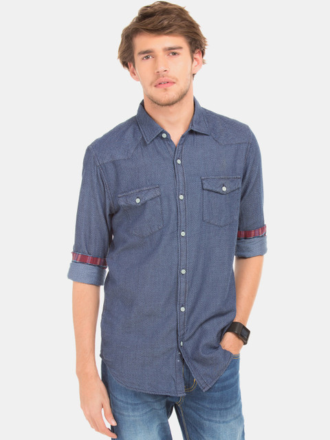 

Cherokee Men Blue Chambray Printed Slim Fit Casual Shirt