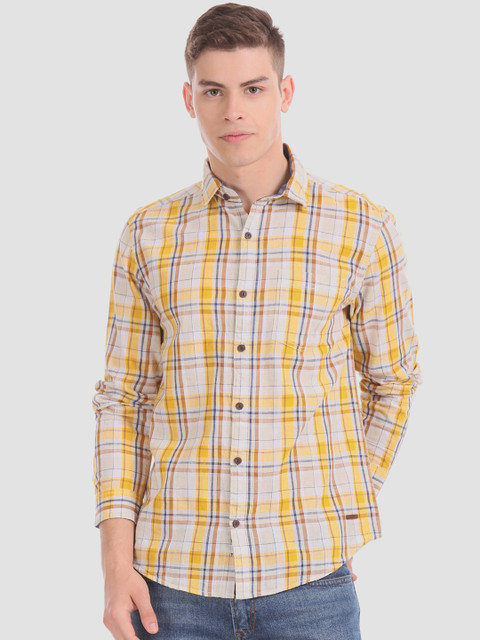 

Cherokee Men Yellow & Beige Regular Fit Checked Cotton Linen Casual Shirt