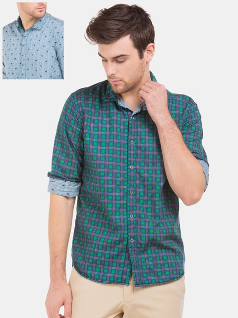

Cherokee Men Blue & Green Regular Fit Checked Casual Reversible Shirt