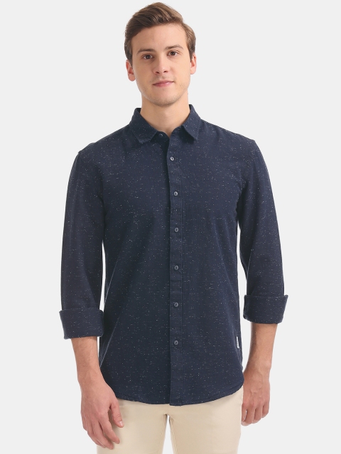 

Cherokee Men Navy Blue Slim Fit Printed Slub Weave Casual Shirt