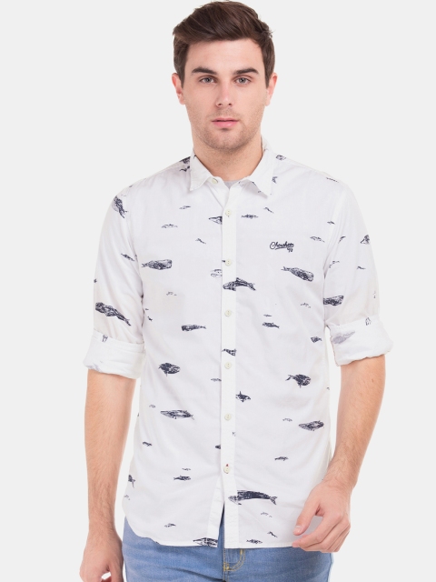 

Cherokee Men White & Navy Blue Slim Fit Dolphin Printed Casual Shirt