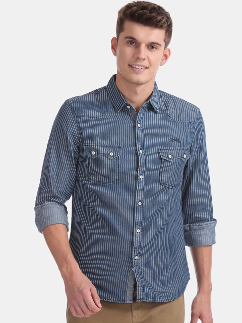 

Cherokee Men Blue & Off-White Striped Casual Denim Shirt