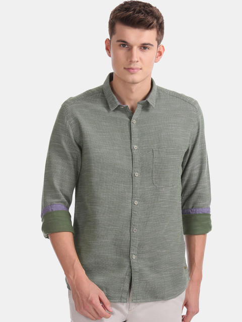 

Cherokee Men Green Self Design Casual Shirt
