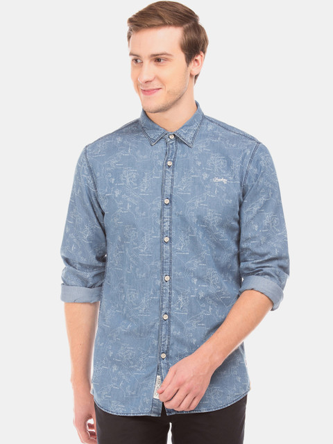 

Cherokee Men Blue & Off-White Slim Fit Printed Chambray Casual Shirt