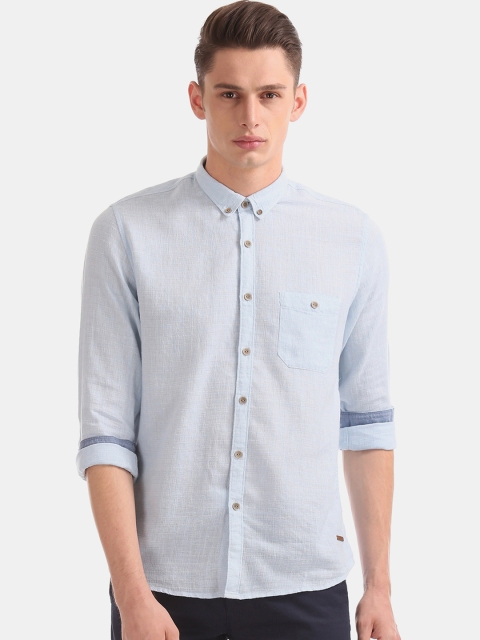 

Cherokee Men Blue Regular Fit Solid Cotton Linen Casual Shirt