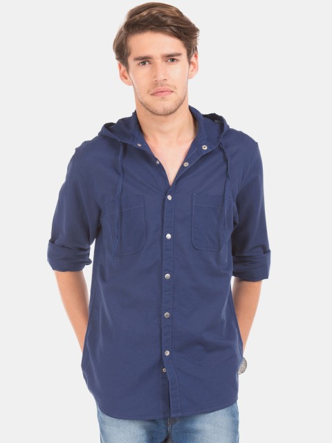 

Cherokee Men Navy Blue Regular Fit Solid Hooded Casual Shirt