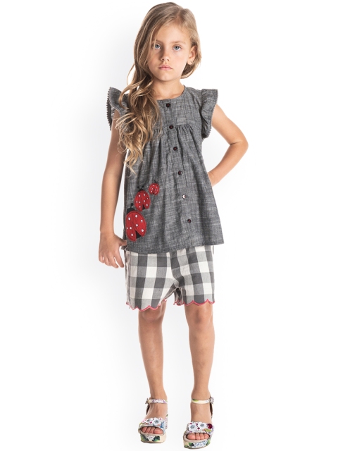 

Cherry Crumble Girls Grey Printed A-Line Pure Cotton Top