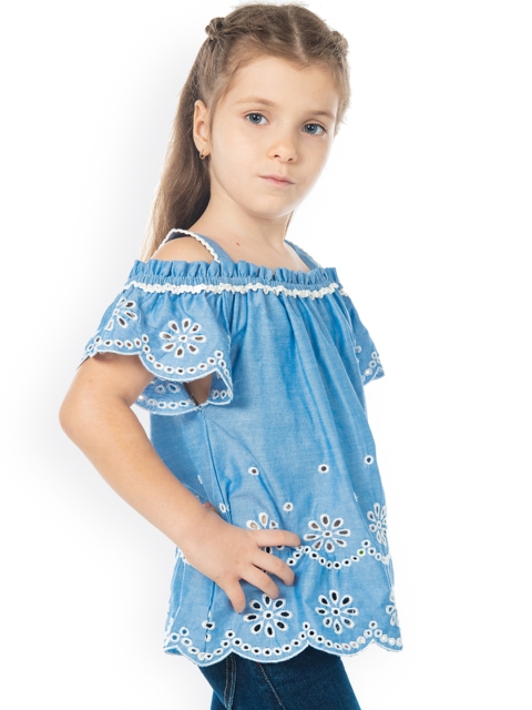 

Cherry Crumble Girls Blue Embroidered A-Line Cotton Top