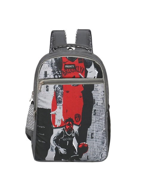 

Priority Unisex Charcoal Grey & Red Graphic Printed Backpack