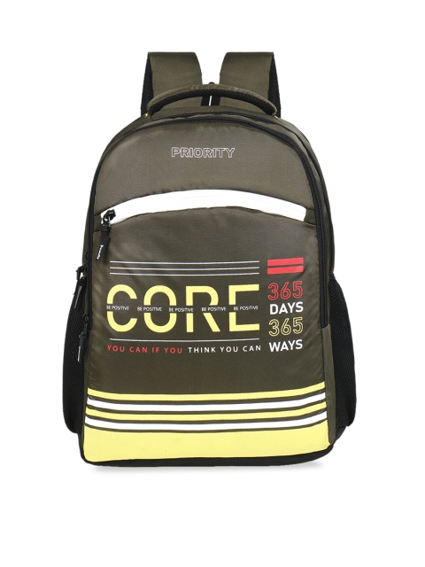 

Priority Unisex Olive Green & Yellow Typography Backpack