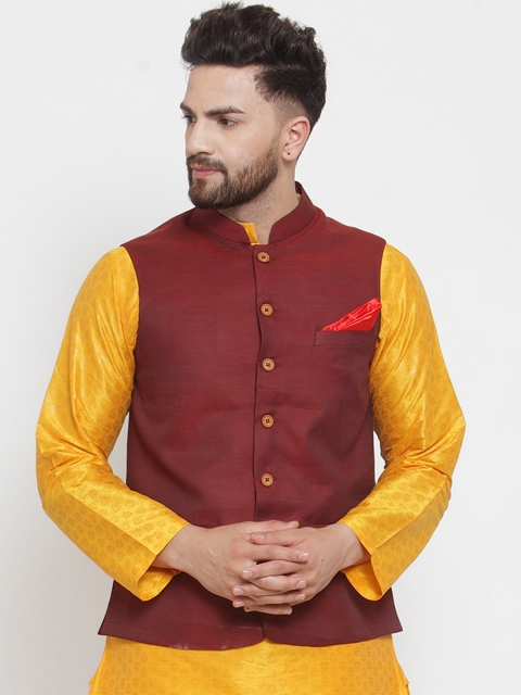 

NEUDIS By Dharohar Men Maroon Solid Woven Pure Cotton Nehru Jacket