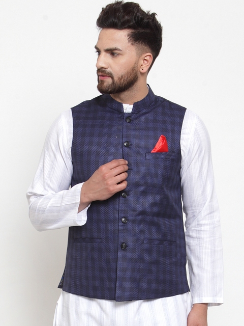 

NEUDIS Men Navy Blue Checked Woven Nehru Jacket