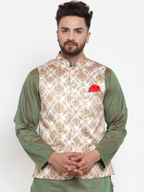 

NEUDIS Men Beige & Brown Printed Satin Nehru Jacket