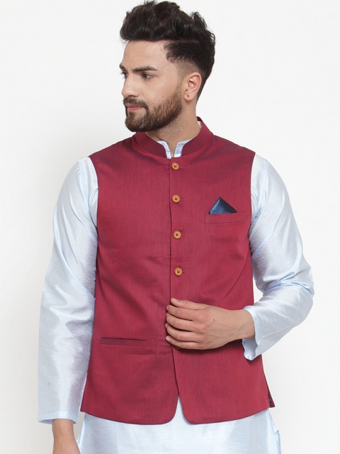 

NEUDIS Men Maroon Solid Woven Nehru Jacket
