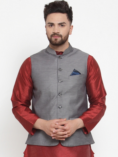 

NEUDIS Men Grey Woven Design Pure Cotton Nehru Jacket