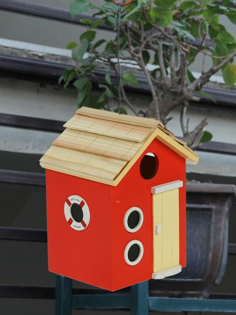 

Tayhaa Red & Beige Wooden Bird House
