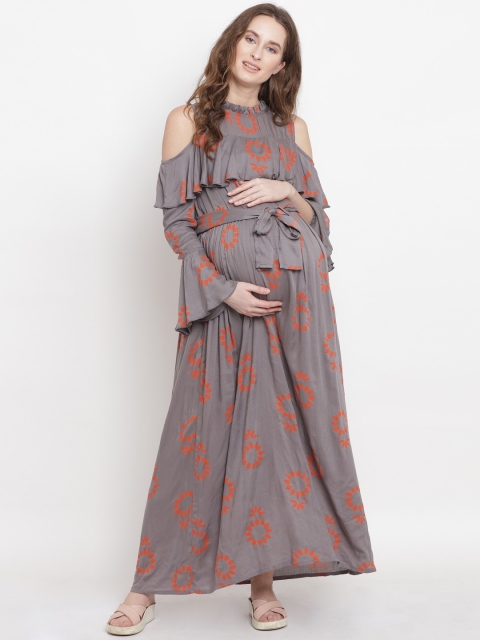 

Mine4Nine Women Grey Printed Maternity Maxi Dress