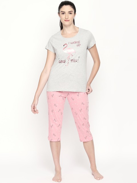 

Dreamz by Pantaloons Women Grey Melange & Pink Printed Night suit