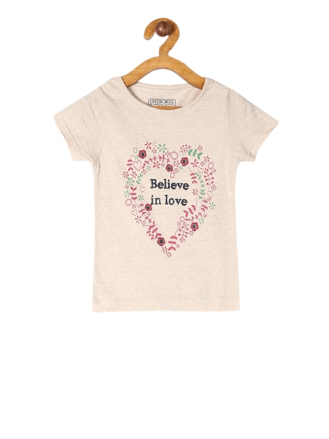 

Cherokee Girls Beige Printed Round Neck T-shirt