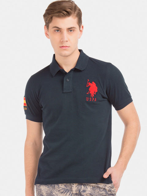 

U.S. Polo Assn. Men Navy Blue Printed Polo Collar Pure Cotton T-shirt