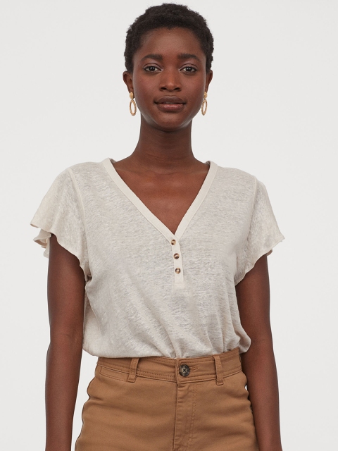 

H&M Women Off-White Solid Linen Top