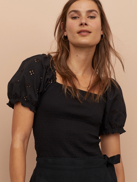 

H&M Women Black Solid Smocked Top