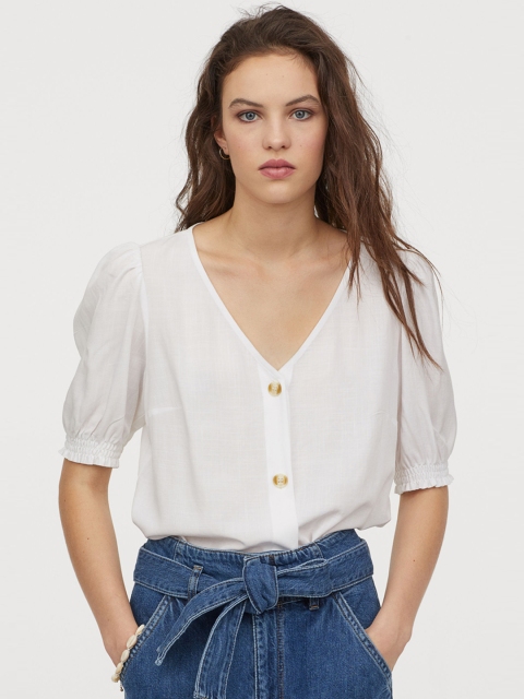 

H&M Women White Solid Puff Sleeved Blouse