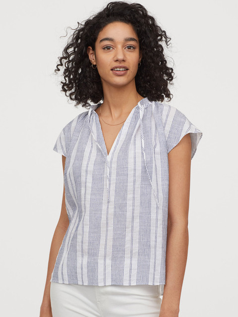 

H&M Women White & Navy Blue Self Design Tie-collar Cotton Blouse