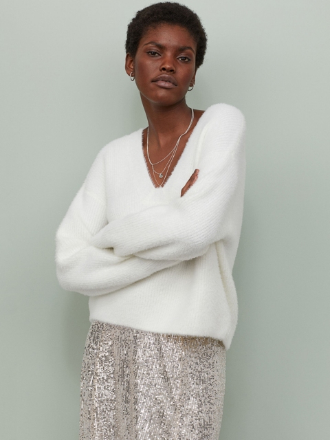 

H&M Women White Solid Ribbed Jumper